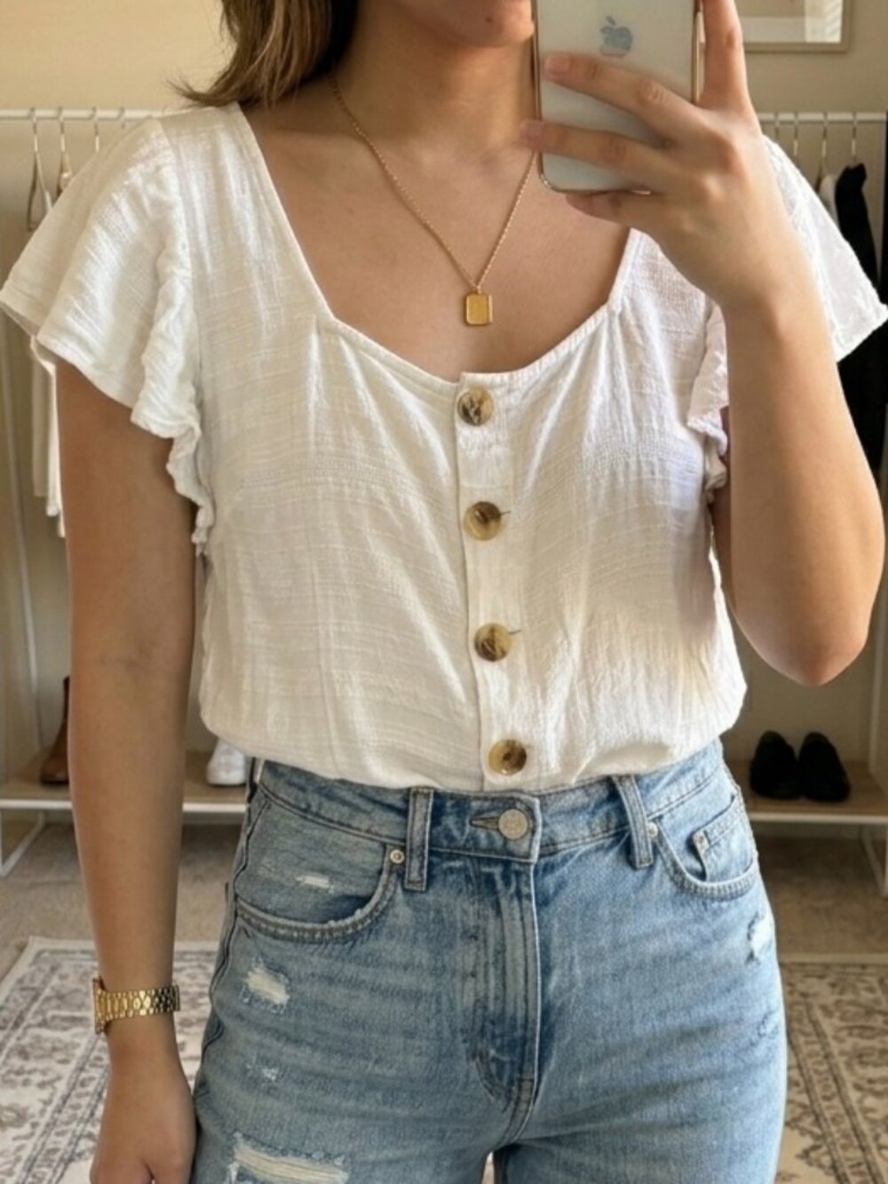American Eagle white boho button up flutter sleeve textured top | size M
